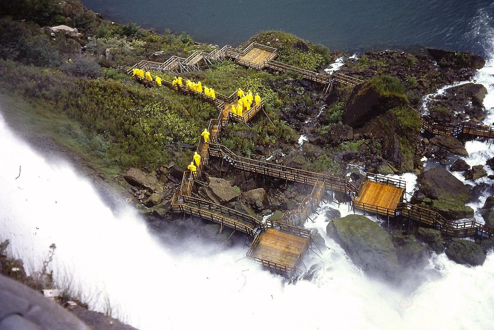 Aerial view of the Cave of the Winds decks beside Niagara's Bridal Veil Falls